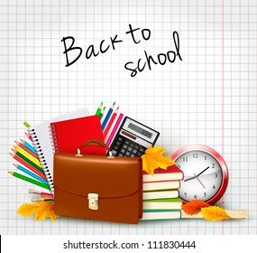 Back to school  Background with school supplies and autumn leaves  Vector