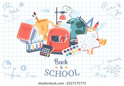 Back to school background with supplies, backpack. Textbook, pencil, paint, exercise book, calculator, flask stationery banner. Education, learning, study concept card poster flat vector illustration