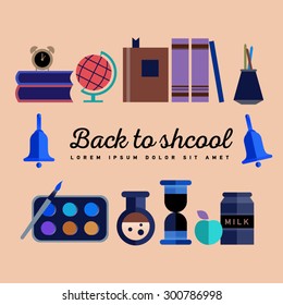 Back to school background. School supplies. Bard with autumn leaves. Bookshelf with globe. Education. University. Flat icon set and illustrations.
