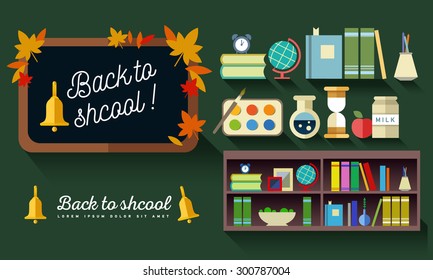 Back to school background. School supplies. Bard with autumn leaves. Bookshelf with globe. Education. University. Flat icon set and illustrations.