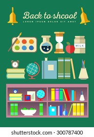 Back to school background. School supplies. Bard with autumn leaves. Bookshelf with globe. Education. University. Flat icon set and illustrations.