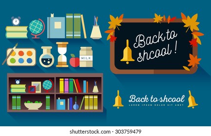 Back to school background. School supplies. Bard with autumn leaves. Bookshelf with globe. Education. University. Flat icon set and illustrations.