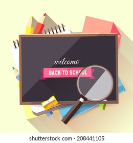Back to school background with school supplies and blackboard - flat design style 