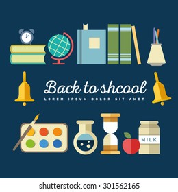 Back to school background. School supplies. Bookshelf with globe. Education. University. Flat icon set and illustrations.