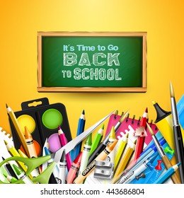 Back To School background with school supplies and chalkboard on orange background