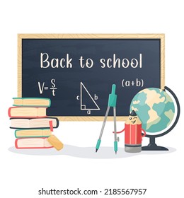 Back to school background with school supplies and cute smiling pencil. School banner. Books, chalkboard, globe, stationery. Education, knowledge,  study concept. Vector cartoon illustration