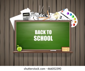 Back to school background with school supplies, education workplace accessories. vector illustration
