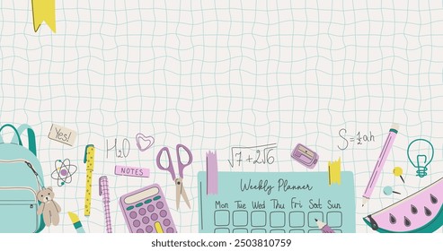 Back to school background with school supplies. Educational theme banner with different stationery and empty space for text. Hand drawn flat design vector illustration.