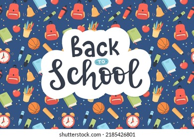 Back to school background with supplies and handwritten calligraphy for children. Cute colorful vector illustration