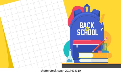 Back to School background with school supplies and kid backpack. Education vector illustration.