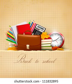 Back to school  Background with school supplies and old paper  Vector