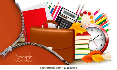 Back to school  Background with school supplies and open zipper  Vector