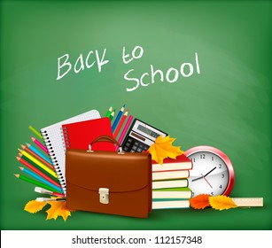 Back to school Background with school supplies and open zipper Vector