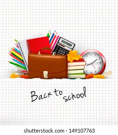 Back to school. Background with school supplies and ripped paper. Vector