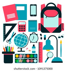 Back to school background with school supplies set and school bag. Vector illustration.