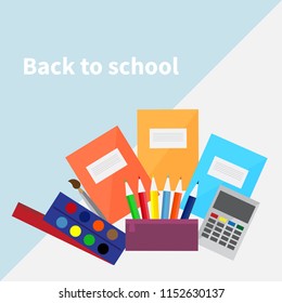 Back to school background with school supplies set, vector illustration.