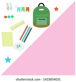 Back to school background with school supplies set, vector illustration.