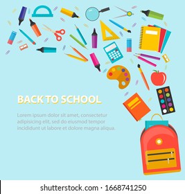 Back to school background with school supplies set, vector illustration