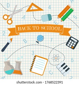 Back to school background with school supplies set, vector illustration.