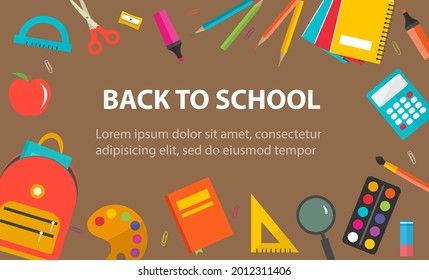 	Back to school background with school supplies set, vector illustration.