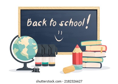 De vuelta a la escuela con material escolar puesto. Cartel escolar. Libros, libros de texto, pizarra, globo, lapiceros, lápices, papelería. Educación, conocimiento, concepto de estudio. Ilustración de dibujos animados