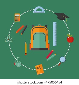 Back to school background with school supplies set, vector illustration