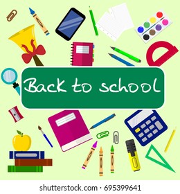 Back to school background with school supplies set, vector illustration.