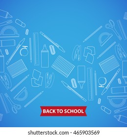 Back to School background with supplies. Stationery equipment icons. Vector graphic illustration 