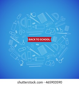 Back to School background with supplies. Stationery equipment icons. Vector graphic illustration 