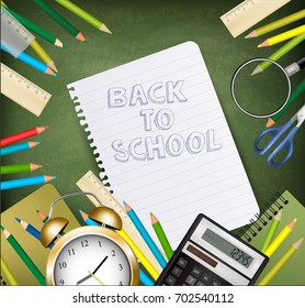 Back to School background With Supplies Tols and Chalkboard. Layered Vector