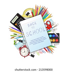 Back to school background with supplies tool, a sheet of notebook and space for text