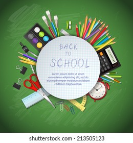 Back to school background with supplies tools on  board with space for text. Layered vector illustration.