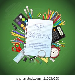 Back to school background with supplies tools on blackboard, sheet of notebook and space for text