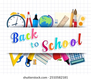 Back to school background with supplies tools. vector illustration in flat design