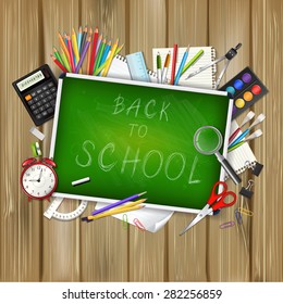 Back to school background with supplies tools and chalkboard on wood background. Place for your text. Chalky lettering. Layered realistic vector illustration. 