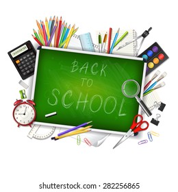 Back to school background with supplies tools and chalkboard isolated on white background. Place for your text. Chalky lettering. Layered realistic vector illustration. 