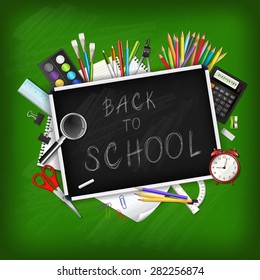 Back to school background with supplies tools and chalk-board. Place for your text. Chalky lettering. Layered realistic vector illustration.