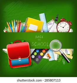 Back to school background with supplies tools on board. Place for your text. Layered realistic vector illustration.