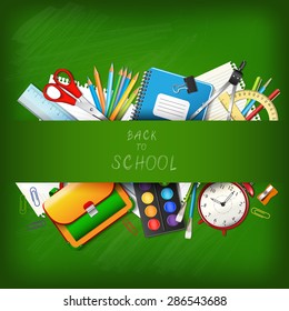 Back to school background with supplies tools on board. Place for your text. Layered realistic vector illustration.