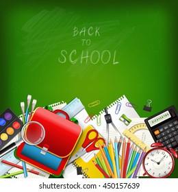 Back to school background with supplies tools on green classroom chalkboard. Place for your text. Layered realistic vector illustration.