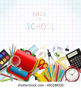Back to school background with supplies tools, hand-drawn numbers and mathematical symbols. Place for your text. Layered realistic vector illustration.
