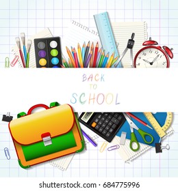 Back to school background with supplies tools isolated on white background. Layered vector illustration.