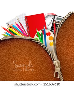 Back to school. Background with school supplies and zipper. Vector.