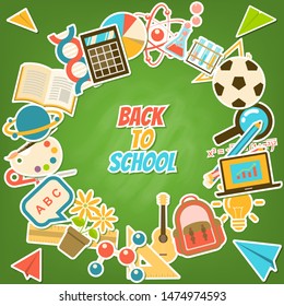Back to school background surrounded by course and school elements, stationery on green blackboard in flat sticker style