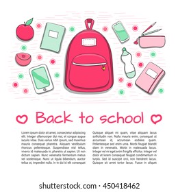 Back to school background with teenager girl's school supplies. Hand drawn school poster template for sale. Design for brochures, flyers, banners, booklets, leaflet with place for text.