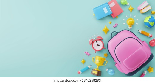 Back to School background template with school backpack,pencil,books, alarm clock and Education elements in flat lay style, 3D Illustration.Vector illustration eps 10.