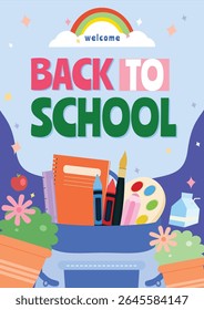 Back To School  Background and template design with school supplies. Vector illustration. 