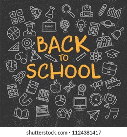 Back To School Background Template with Hand Drawing on Blackboard Concept and Iconic Style, School, Study,Lesson, Student, Vector EPS 10
