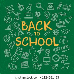Back To School Background Template with Hand Drawing on Chalckboard Concept and Iconic Style, School, Study,Lesson, Student, Vector EPS 10