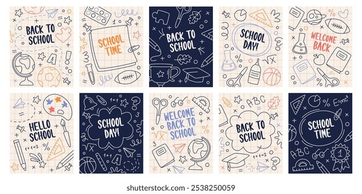 Back to school background templates set with hand drawn doodle sketch design elements of studying supplies and education accessories. Invitation covers with scrapbooking prints vector illustration